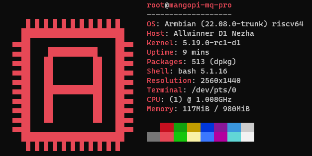 Neofetch output on MangoPi MQ Pro running Armbian