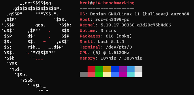 Neofetch showing Raspberry Pi OS running on the ROC-RK3399-PC after using the Raspbian Portability Script