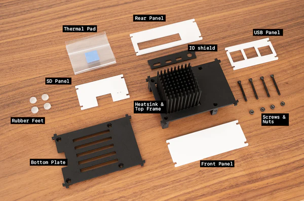 Dickson Industries SQ1 Passive Raspberry Pi 4 Cooler Review - All included parts, labelled