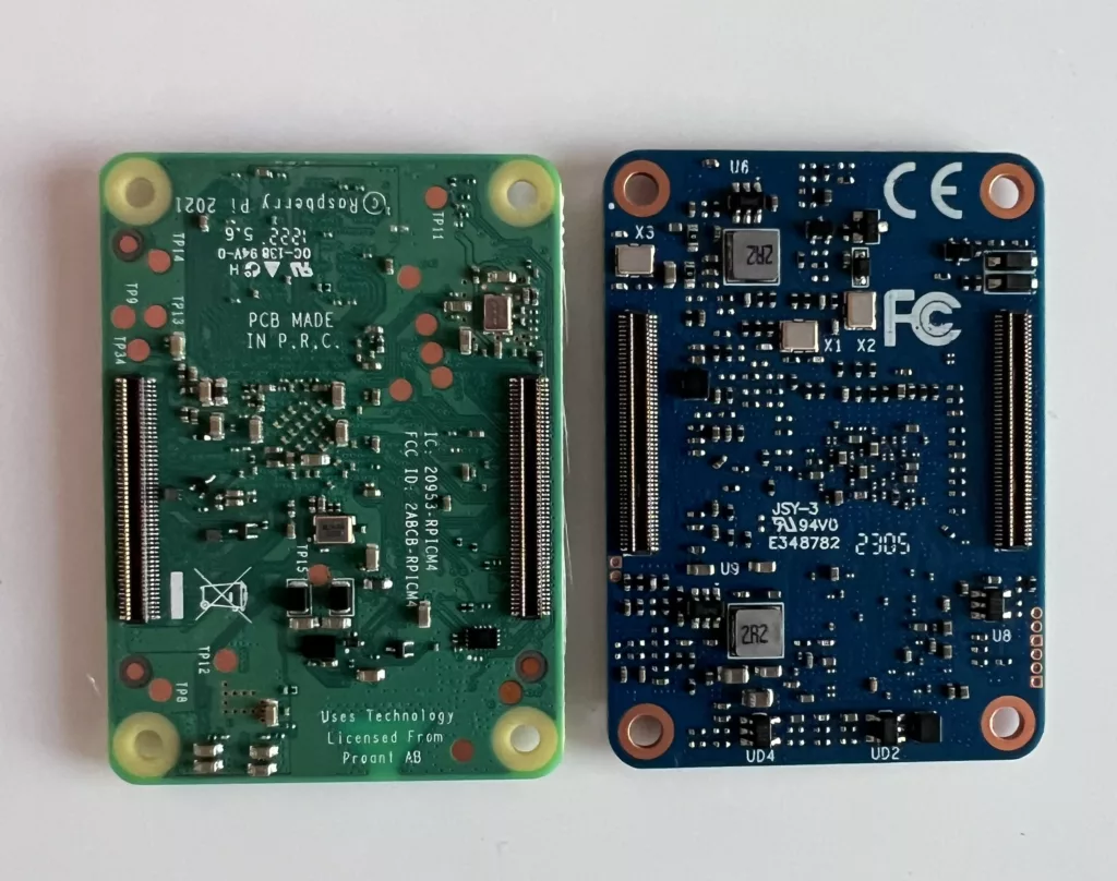 Banana Pi CM4 Review - Underside of the Banana Pi CM4 and Raspberry Pi CM4